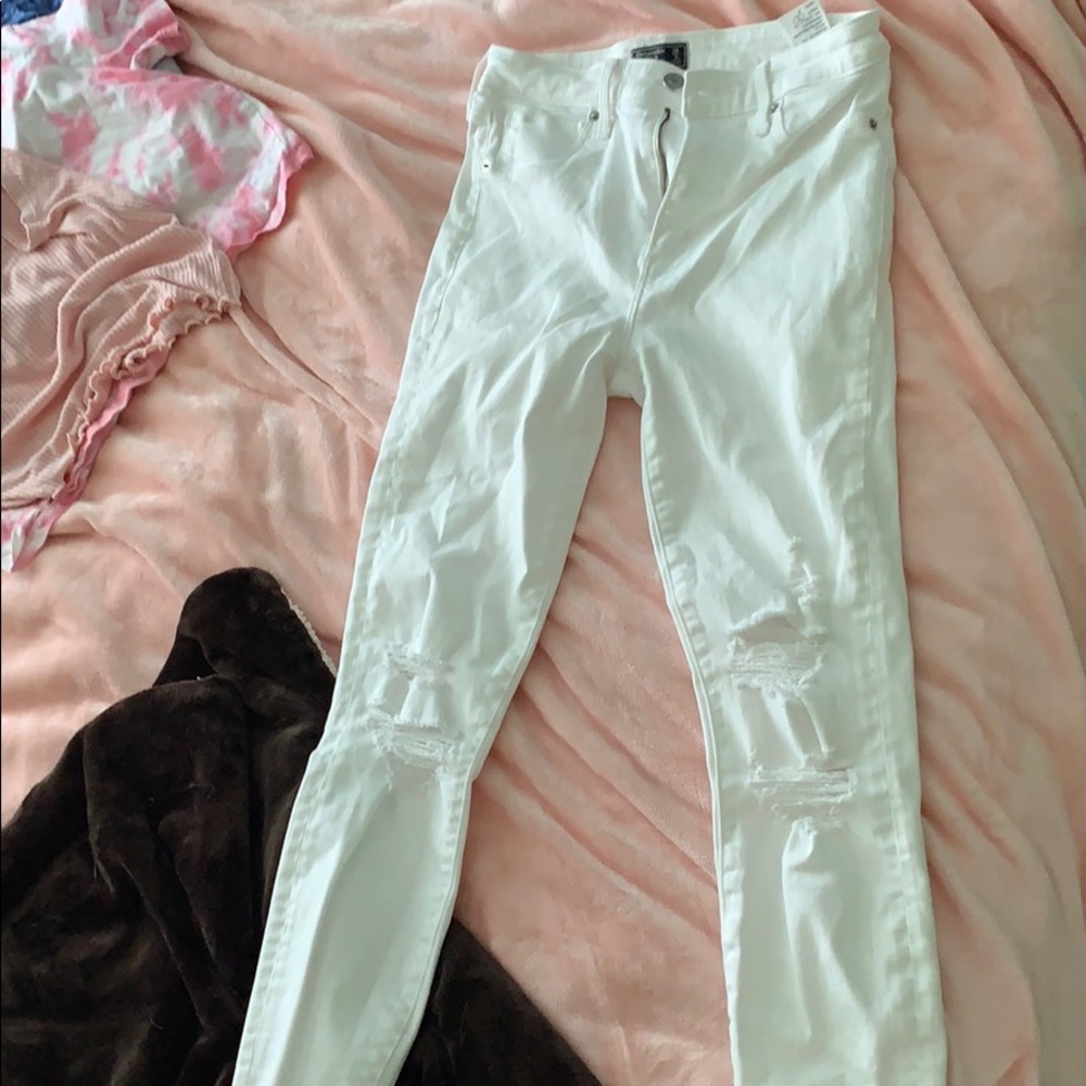 high rise abercrombie white ripped jeans